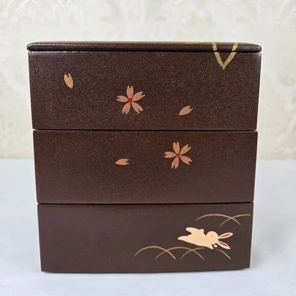 Japanese Jubako Stacked Box Brown w/Red Lacquer Interior Bunnies and Flowers